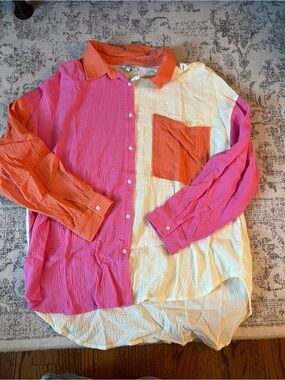 Colorblock Button-Down Shirt in Pink, Orange & Cream